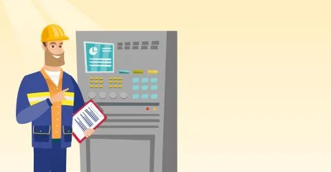 Engineer standing near control panel Stock Illustration