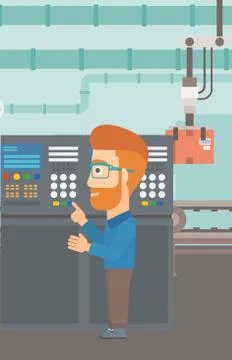 Engineer standing near control panel. Illustrazione stock