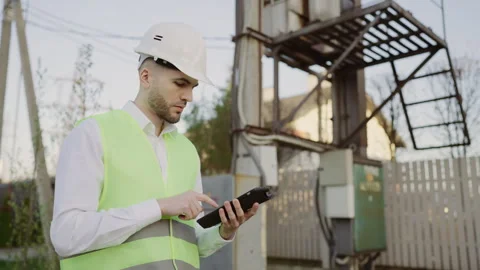 Engineer Standing Outside in Protective Clothing Noting on Tablet Power Lines Stock Footage 243628392
