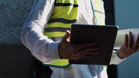 An engineer standing outside in protective clothing records data on the power li Stock Footage 249262883