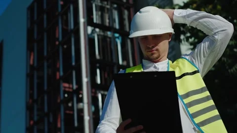 An engineer standing outside in protective clothing records data on the power li Vídeo Stock 249262891