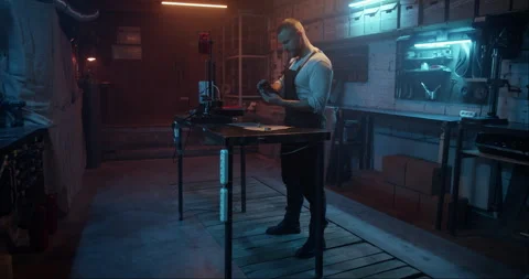 Engineer standing at workplace and measuring detail in garage Stock Footage 259392578