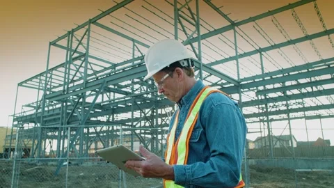 An engineer stands at a worksite using a tablet and cell phone; Alberta, Canada 動画素材 163163419