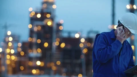 An engineer stands at a worksite using a tablet and cell phone; Alberta, Canada Stock Footage 163163428