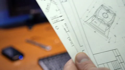 Engineer stapling several drawing of mechanical equipment Stock Footage