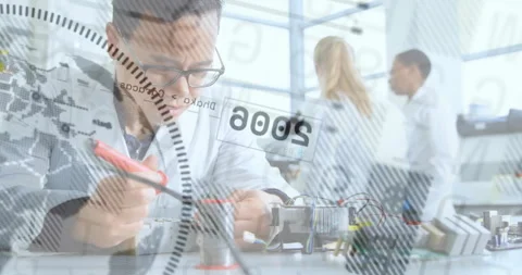 Engineer starting soldering PCB for assembly while visuals showing global Stock Footage 311698778