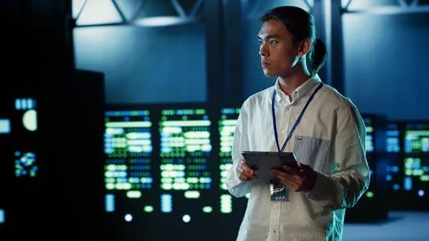 Engineer strolling through data center Stock Photos