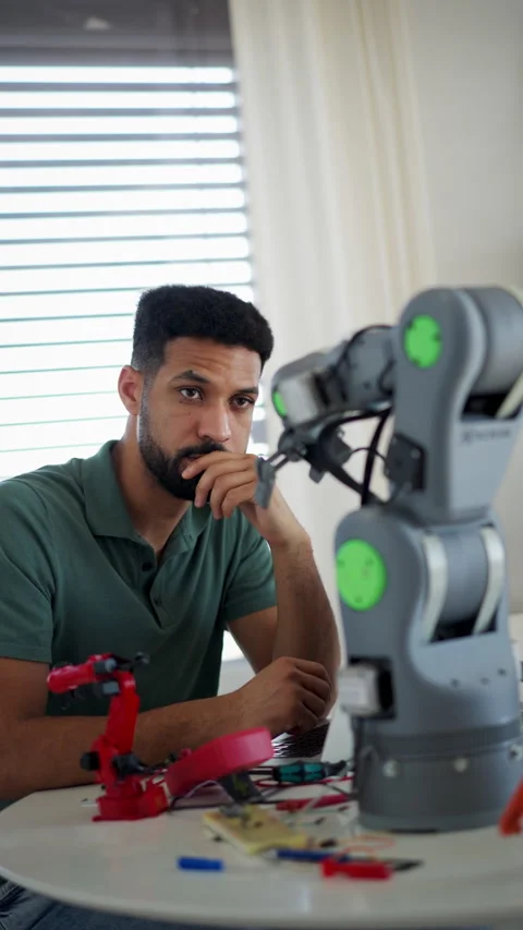 Engineer struggling with a technical problem while building robotic arm. Stock Footage 310208984