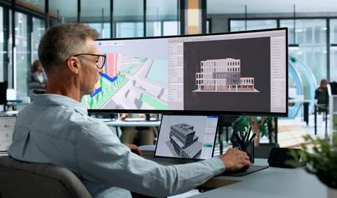 Engineer Studies 3D Building Model On Laptop For Smart Construction Planning. Stock Photos