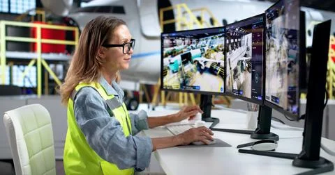 Engineer Studies 3D Twin Simulation To Predict Aircraft Engine Maintenance. Stock Photos