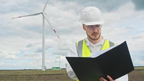 Engineer studies documents, with serious expression on his face, against Video stock 312560600