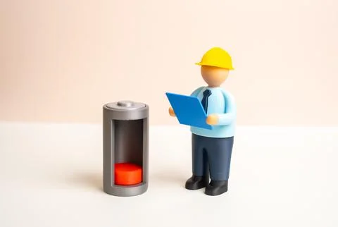 An engineer studies the problem of low battery power. Challenges of energy au Foto stock