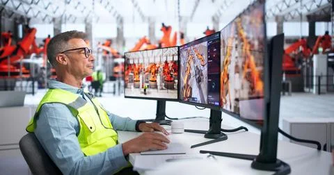 Engineer Studies Real-time 3D Factory Simulation Pointing At Screen Carefully Stock Photos