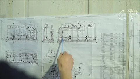 The engineer studies the scheme of the water treatment plant Stock Footage 92332711