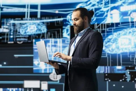 Engineer studying AI brain for data structures and predictive analytics Stock Photos