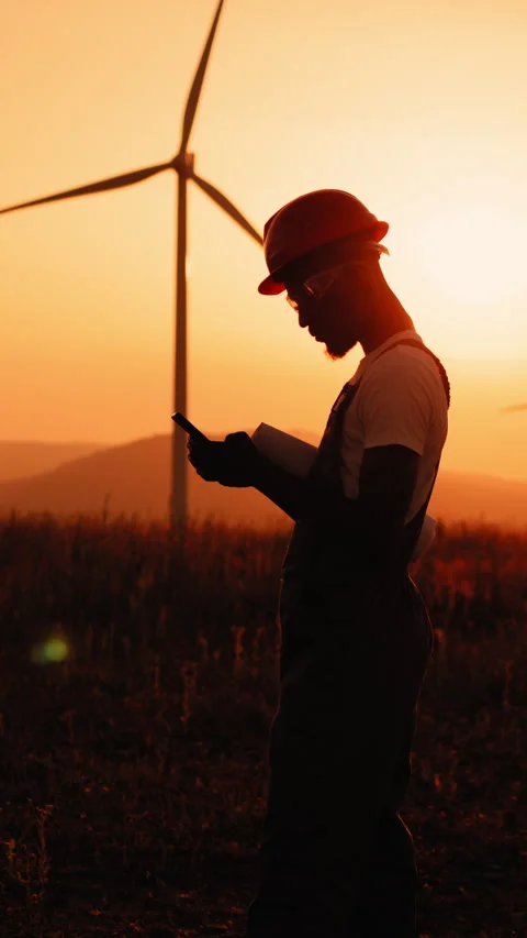 Engineer at Sunset with Wind Turbine Stock Footage 318687542