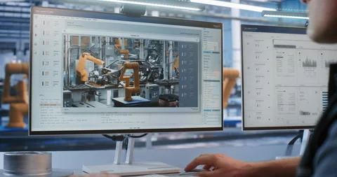 Engineer Supervising Live Robotic Arm Welding Stream on Monitor in Smart Factory Stock Footage 344391823