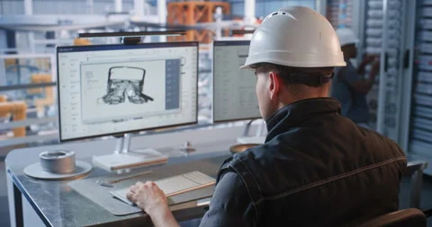 Engineer Supervising Robotic Assembly Line behind Glass in Smart Factory Stock Footage 344395721