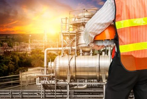 Engineer survey of oil refiner Stock Photos