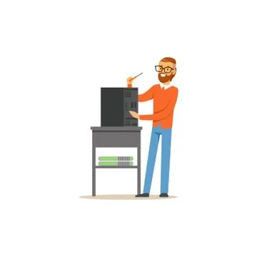 Engineer system IT administrator repairing system unit, networking service Stock Illustration