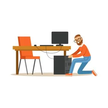 Engineer system IT administrator at work, networking service vector illustration 库存插图