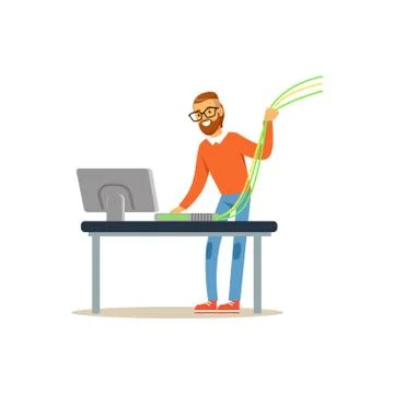 Engineer system IT administrator working with a computer, networking service Stock Illustration