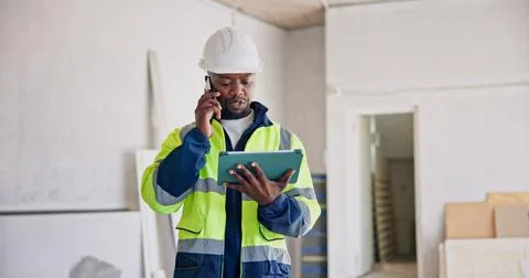 Engineer, tablet and black man with phone call and remodeling for building,.. Stock Photos