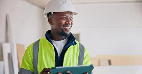 Engineer, tablet and black man with smile or remodeling for building, plann.. Stock Photos