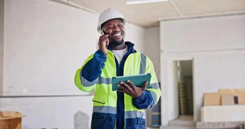 Engineer, tablet and black man with phone call and renovation for building,.. Stock Photos