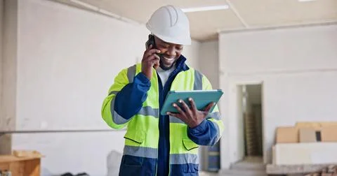 Engineer, tablet and black man with phone call and inspection for building,.. Stock Photos