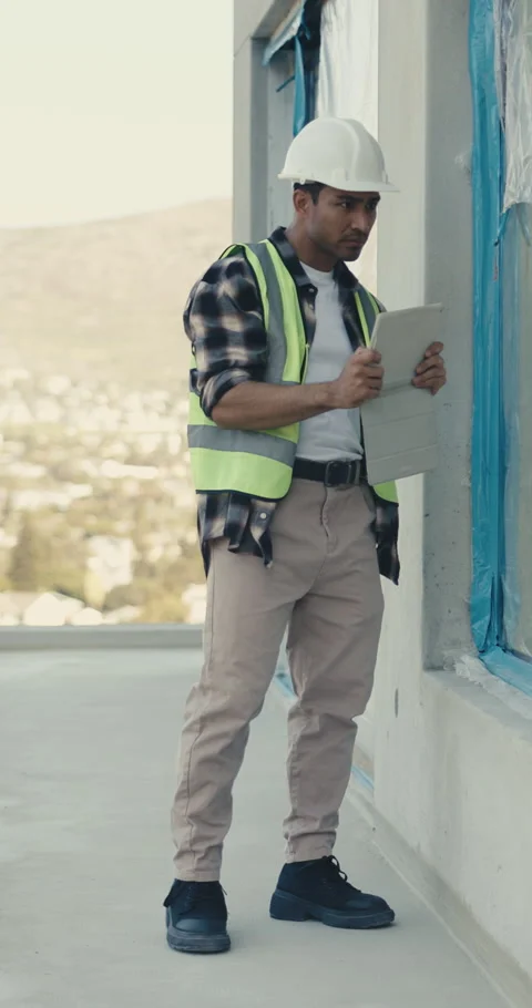 Engineer, tablet and man at construction site with photography, inspection and Stock Footage 345577596