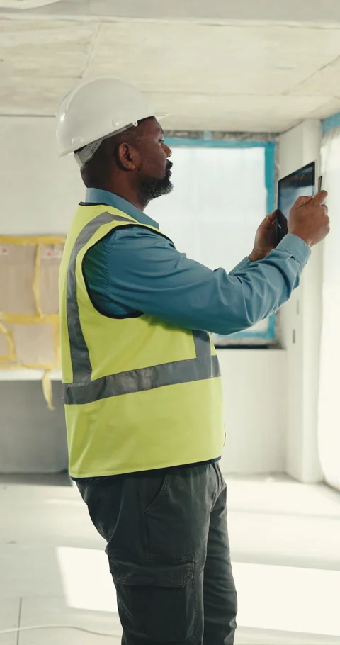 Engineer, tablet and man at construction site with picture, property evaluation Stock Footage 345582133