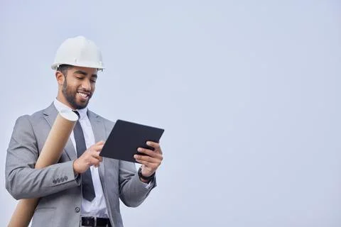 Engineer, tablet and man at construction site for development with mockup 스톡 사진