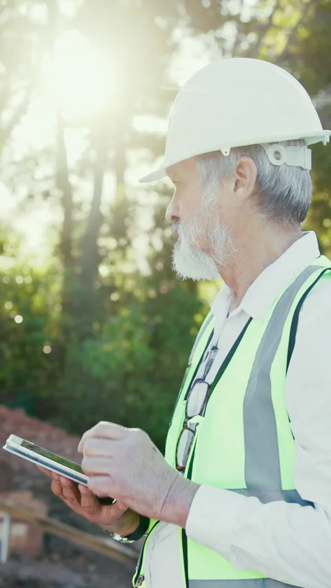 Engineer, tablet and man outdoor for thinking, inspection report or development Stock Footage 340450094
