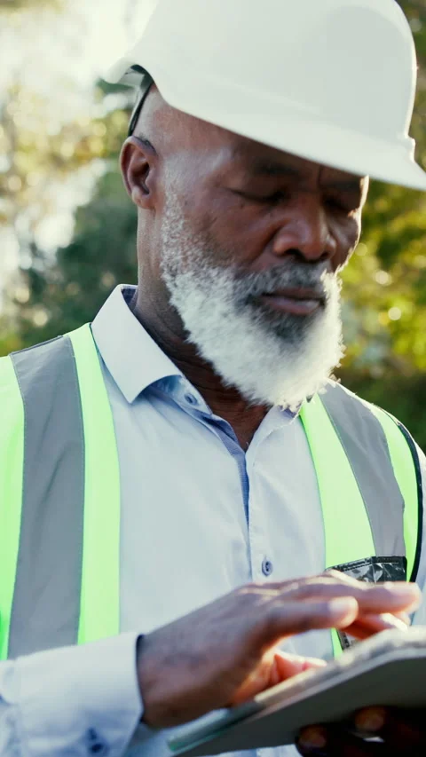 Engineer, tablet and man outdoor for inspection report, thinking or development 動画素材 340451773
