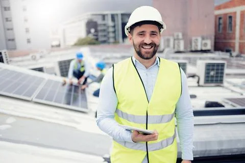 Engineer, tablet and portrait of man on solar roof testing panels or 스톡 사진