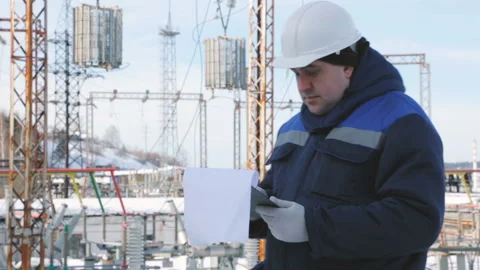 Engineer with tablet at electric power station Stock Footage 88370621