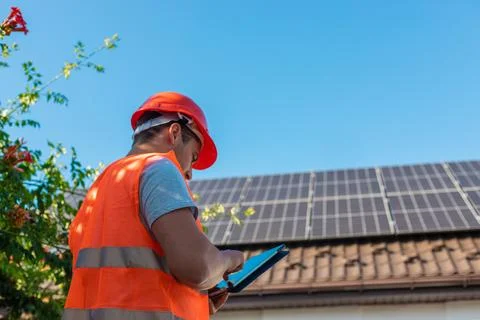 Engineer with Tablet Inspecting Solar Panels on Roof Stock Photos