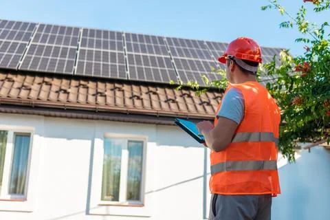 Engineer with Tablet Inspecting Solar Panels on Roof Stock Photos