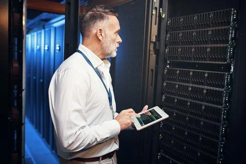 Engineer, tablet screen and rack inspection in server room for system healt.. Stock Photos