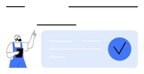 Engineer with Tablet Suggesting Solutions Next to Checklist Marked Completed Stock Illustration