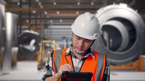 Engineer Taking Note On The Tablet at Heavy Factory Stock Footage 340818594