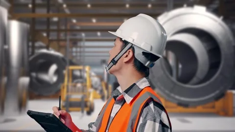 Engineer Taking Note On The Tablet at Heavy Factory Stock Footage 340820697