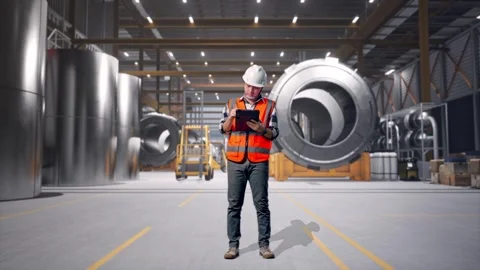 Engineer Taking Note On The Tablet at Heavy Factory Stock Footage 340821376