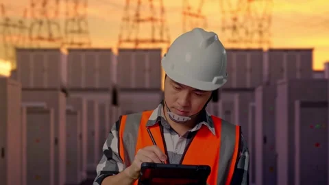 Engineer Taking Note On The Tablet with High Voltage Power 스톡 동영상 331195182