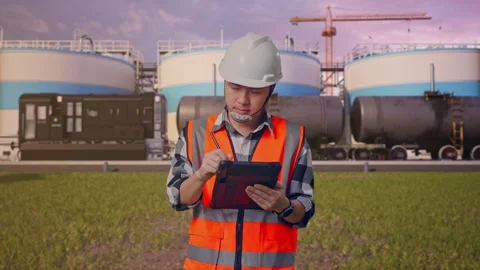 Engineer Taking Note On The Tablet at Oil Refinery Stock Footage 340140216