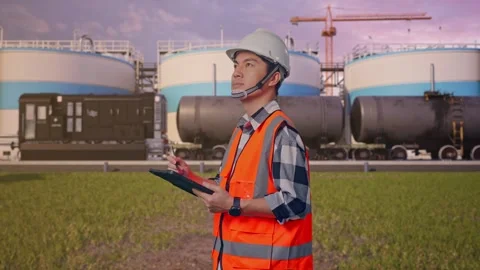 Engineer Taking Note On The Tablet at Oil Refinery 動画素材 340140495