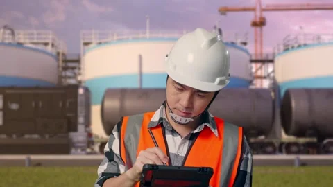 Engineer Taking Note On The Tablet at Oil Refinery Stock Footage 340140773