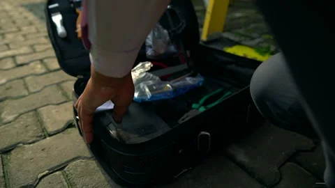 Engineer taking tool for ac service Stock Footage 246422695