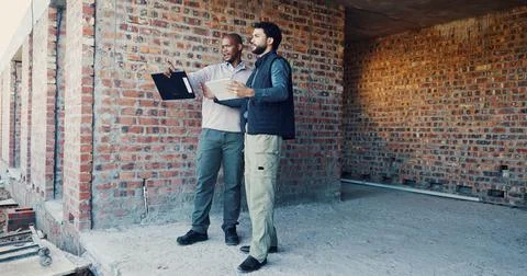 Engineer, talk and people with tablet for construction, inspection and feed.. Stock Photos